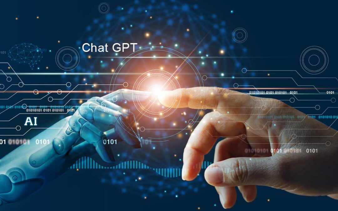 Chat GPT Illustration with hand connecting with computer